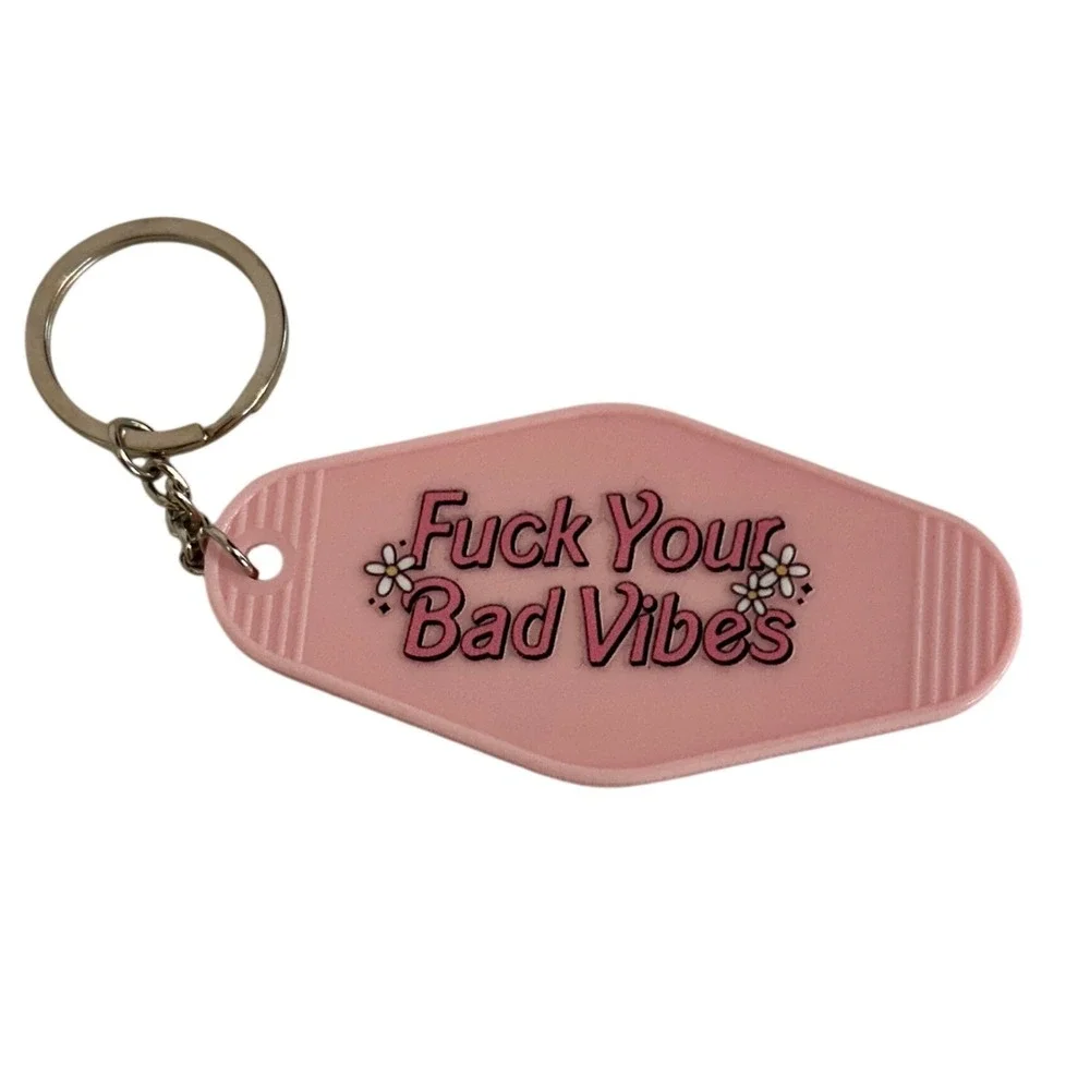 Handcrafted Pink Motel Keychain F-k Your Bad Vibes Retro Daisy Key Tag Accessory